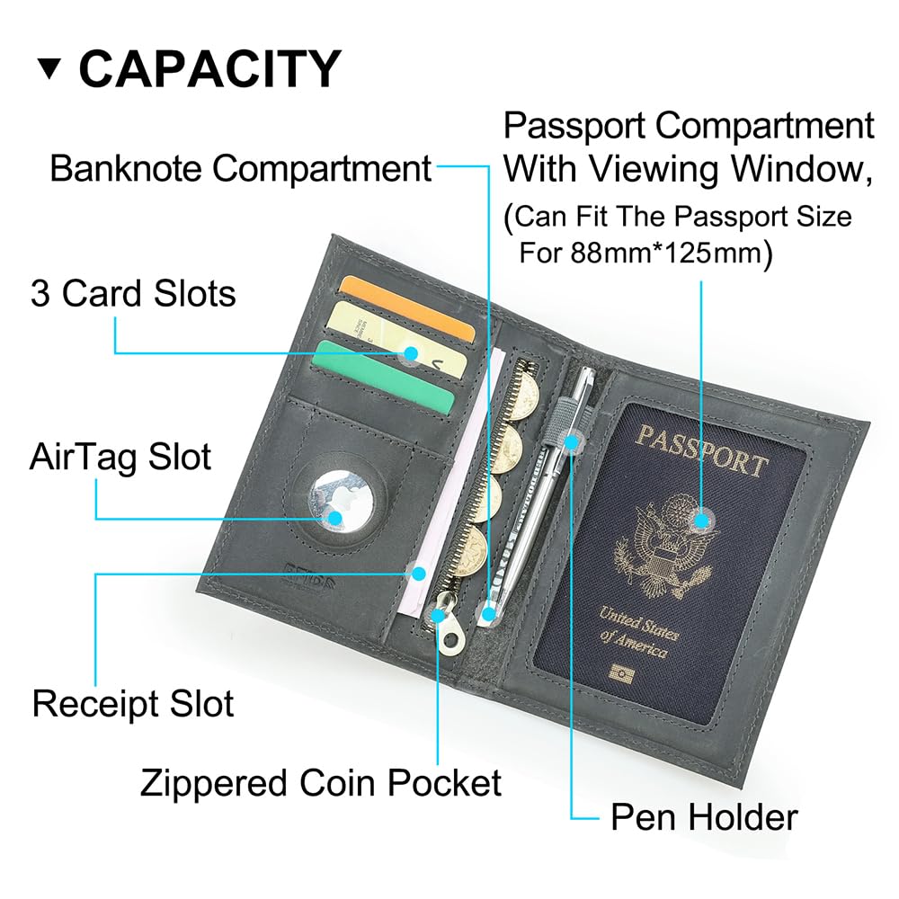 CONTACTS Full Grain Leather Rfid Passport Wallet for Airtag Passport Holder (Gray / Plain- Classic)
