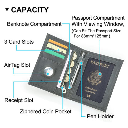 CONTACTS Full Grain Leather Rfid Passport Wallet for Airtag Passport Holder (Gray / Plain- Classic)