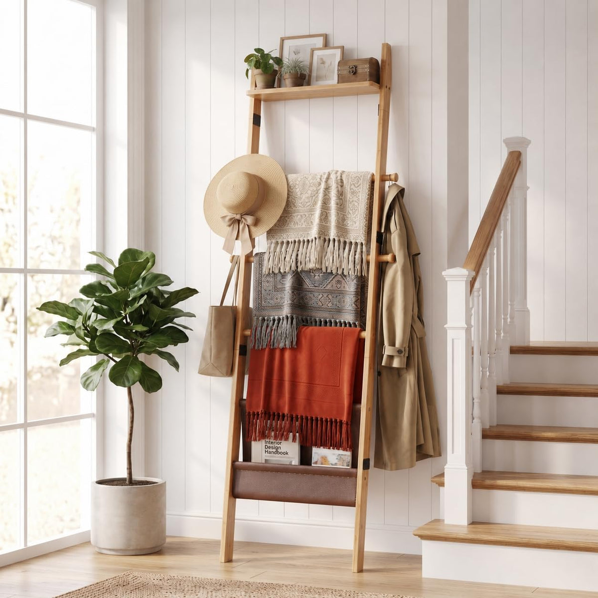 71" 4-in-1 Blanket Ladder for Living Room, 5-Tier Leaning Bamboo Decorative Towel & Quilt Rack with Magazine Leather Pocket, 4 Detachable Hanging Bars, Space-Saving Shelf for Bedroom (Natural) (Natural)
