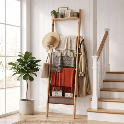 71" 4-in-1 Blanket Ladder for Living Room, 5-Tier Leaning Bamboo Decorative Towel & Quilt Rack with Magazine Leather Pocket, 4 Detachable Hanging Bars, Space-Saving Shelf for Bedroom (Natural) (Natural)