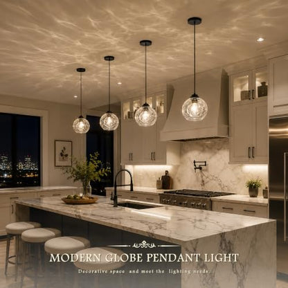6" Modern Pendant Lights Kitchen Island Black Mid Century Modern Pendant Light Fixtures with Clear Glass Globe Modern Hanging Pendant Light for Bathroom Dining Room （Bulb Incl.） (Black & Hammered Glass / 6 Inch)