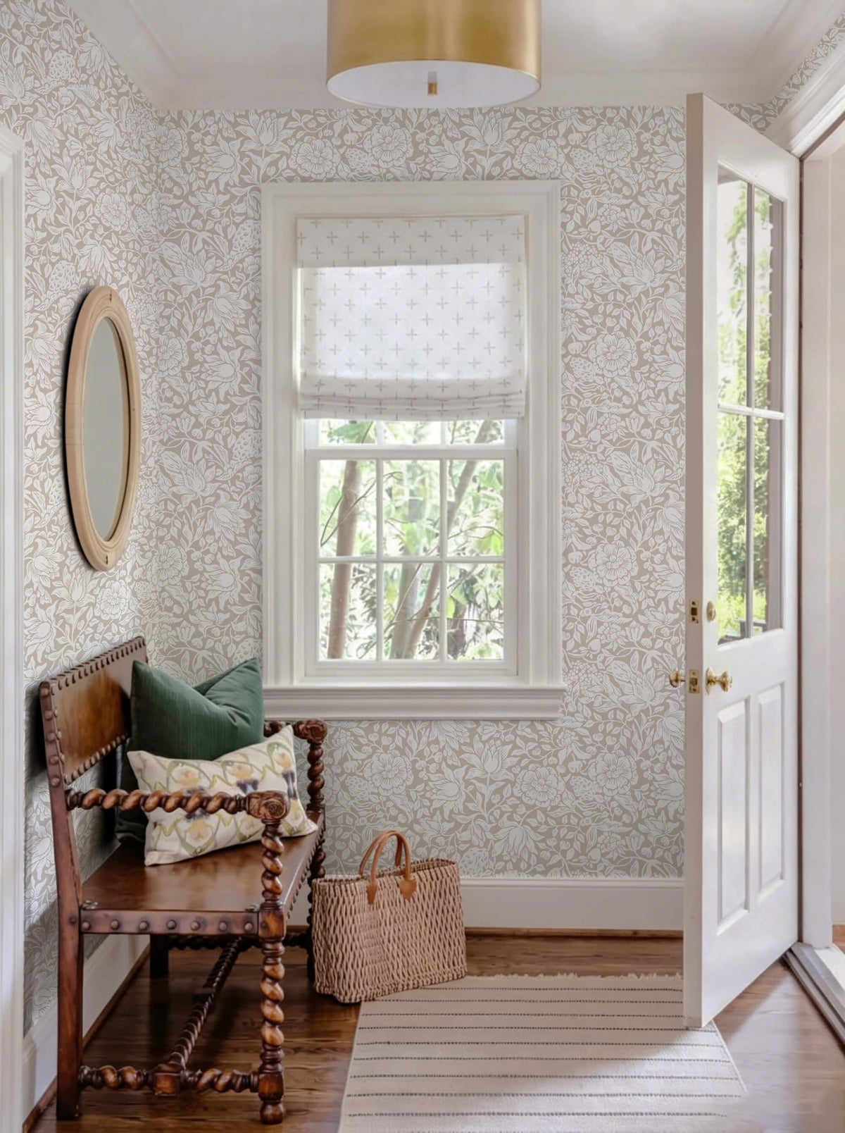 Beige Floral Peel and Stick Wallpaper William Morris Contact Paper (Beige / 17.3" x 78.7")
