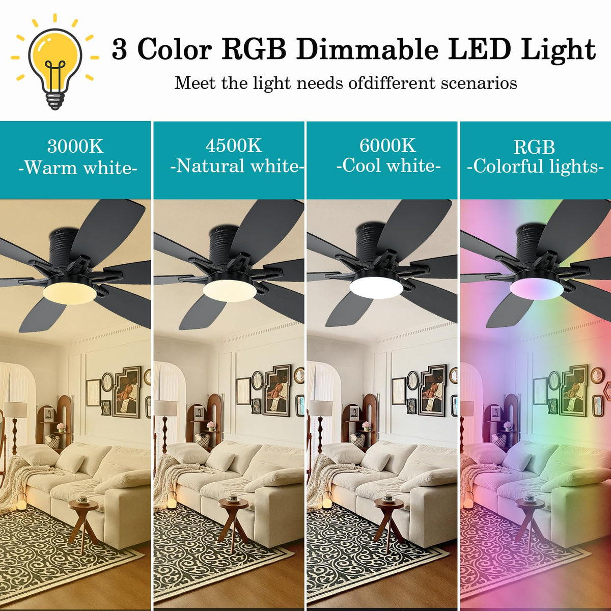 52 inch Ceiling Fan with Lights (Black+RGB)
