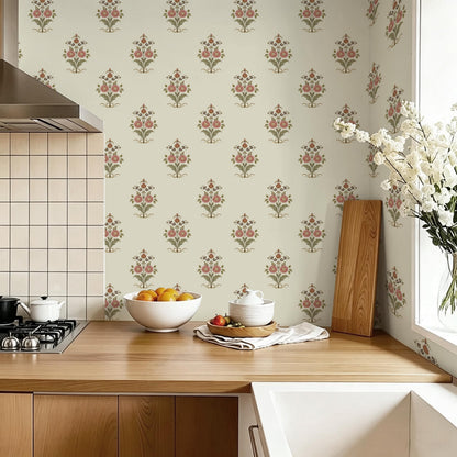 Vintage Floral Wallpaper Cottage Peel and Stick Wallpaper Retro Pink Flower Contact Paper for Cabinets Drawers Farmhouse Removable Self (Beige and Pink / 17.3" x 78.7")
