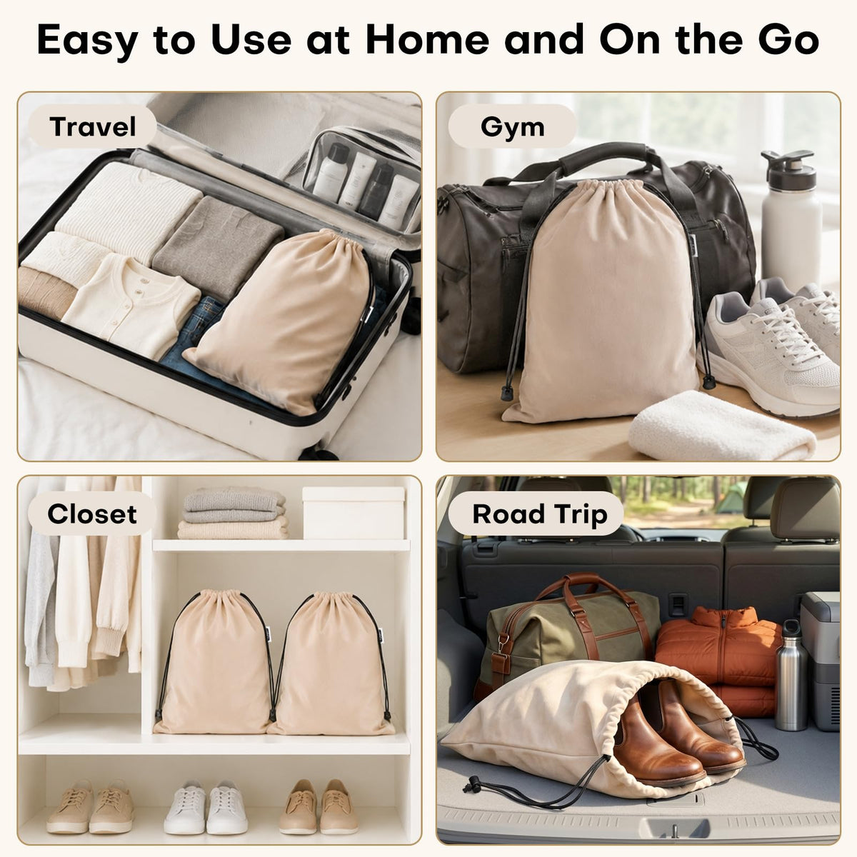 4 Pack Velvet Cloth Shoe Bags for Travel & Packing for Women & Men (Camel Beige)