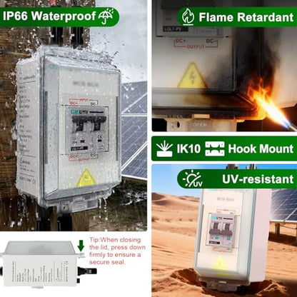 CNLONQ Solar Panel Disconnect Switch 20A~63A 1000V DC PV Circuit Breaker IP66 Waterproof with Connector and Install Hook for Outdoor Home Solar Panel Systems
