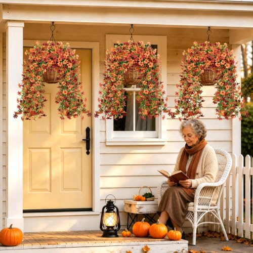 4PCS 688 Blooms Artificial Fall Flowers (4*green Red Orange 720-blooms Six-petaled Hanging Flowers)