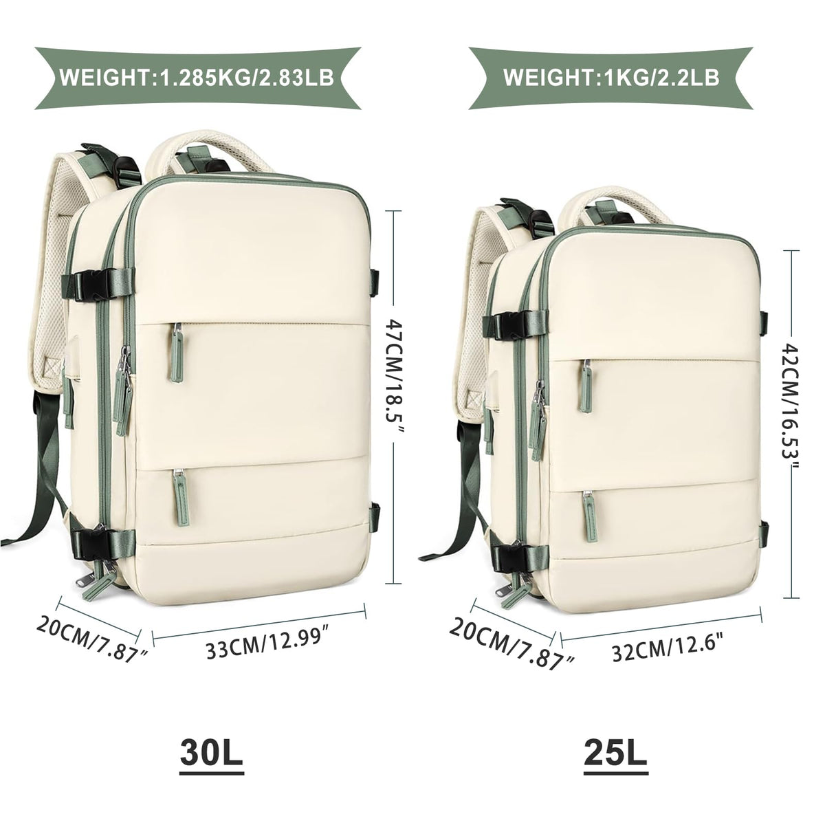 Large Travel Backpack for Women Men (White Green / 30 liters)