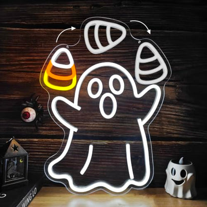 Juggling Ghost Halloween Neon Sign Animated Dimmable LED Halloween Decor (Ghost Corn)