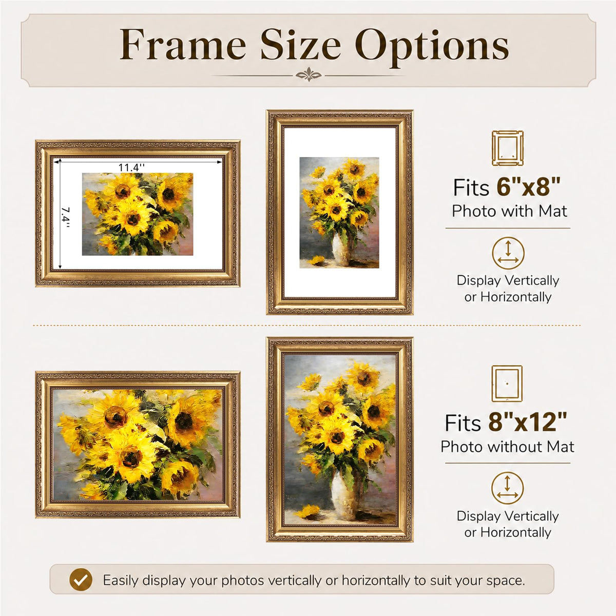 8x12 Vintage Picture Frame with 6x8 Mat Set of 2 (Gold / 8x12 inch)