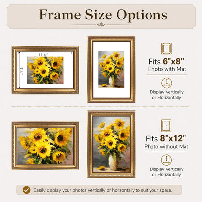 8x12 Vintage Picture Frame with 6x8 Mat Set of 2 (Gold / 8x12 inch)