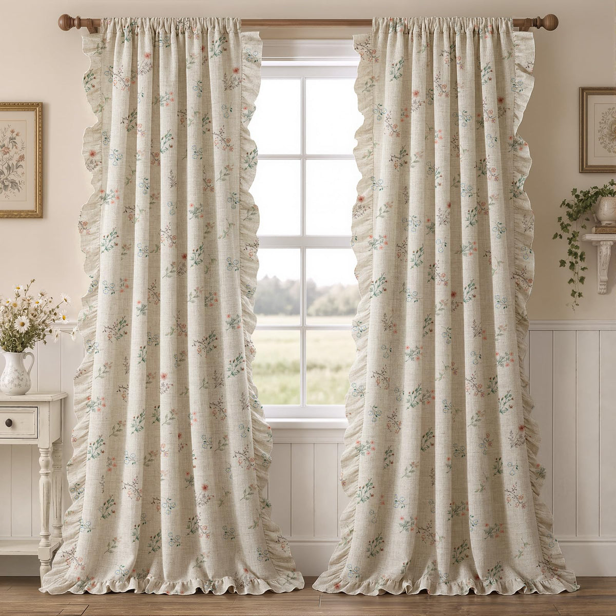 Floral Ruffle 90% Blackout Curtains 84 Inch 2 Panels Linen Texture (Ruffles / 52"W x 84"L (Pack of 2))