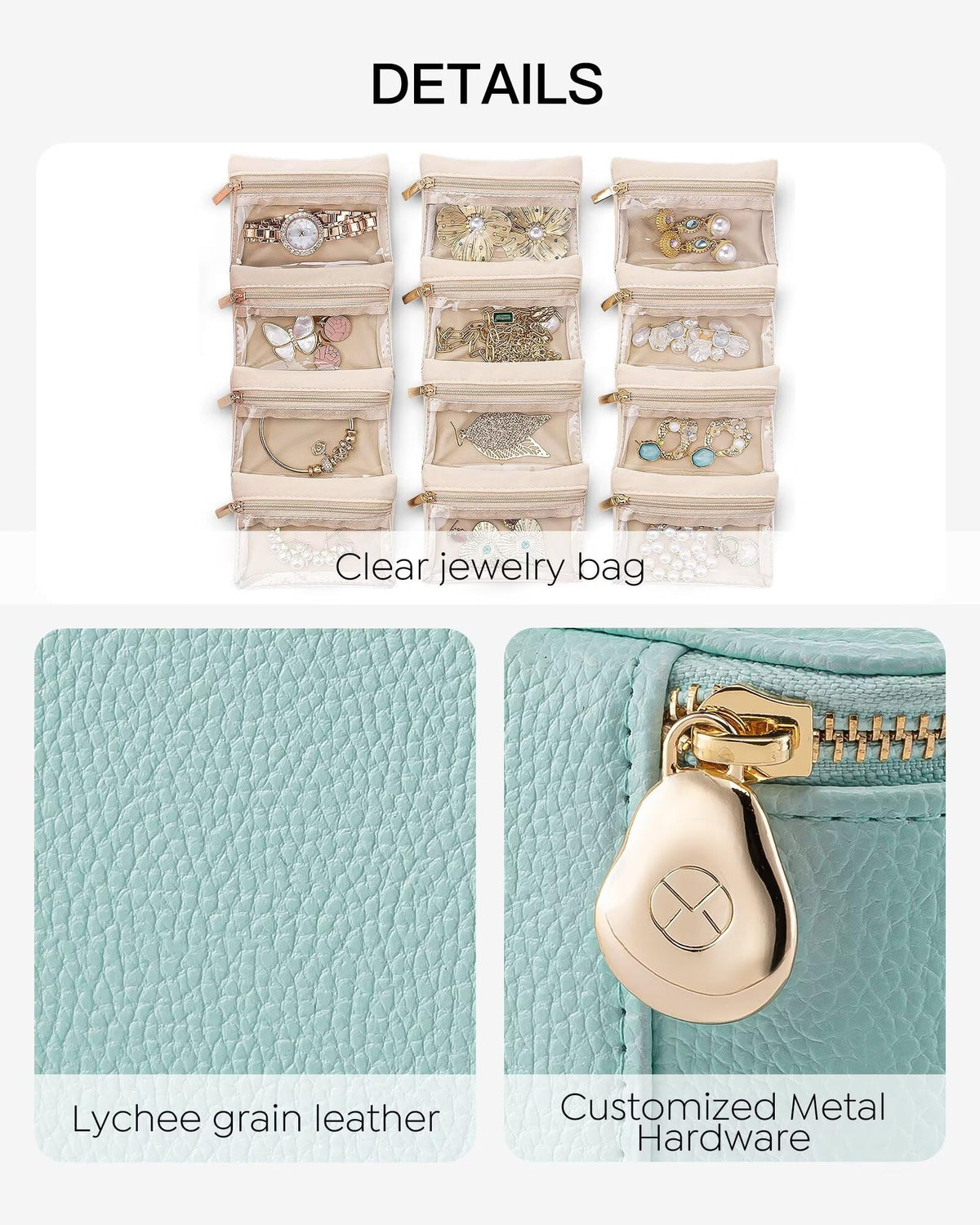 Travel Jewelry Box with 12 Clear Velvet Zipper Pouches (D.12 PCS Lake Blue)