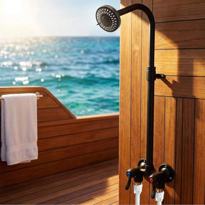 Outdoor Shower Kit Dual Handle Extendable Exposed Pipe Outdoor Shower Fixtures System with ABS 5 Spray Mode Settings Showerhead Solid Brass 4 Inch Center Mix Valve