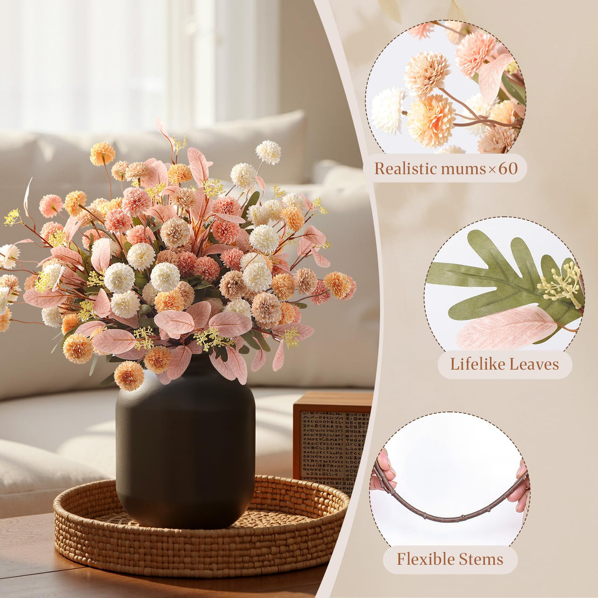 16 Pcs Faux Silk Mums with Eucalyptus (Beige Pink Orange White)