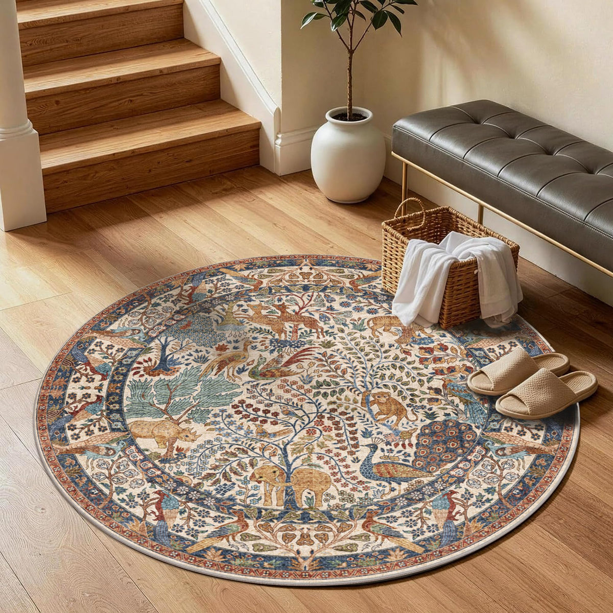 4ft Round Rug Circular Animal Print Area Rug Low Pile Indoor Rug (Beige / 4' (Round))