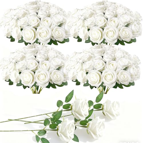 100Pcs White Roses Artificial Flowers with Stems (White / 100Pcs)