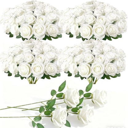 100Pcs White Roses Artificial Flowers with Stems (White / 100Pcs)