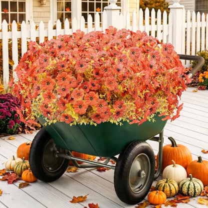 13 Bundles Artificial Fall Flowers Fake Mums for Outdoor (Sunset Orange / Artificial Flowers(13 Pcs))