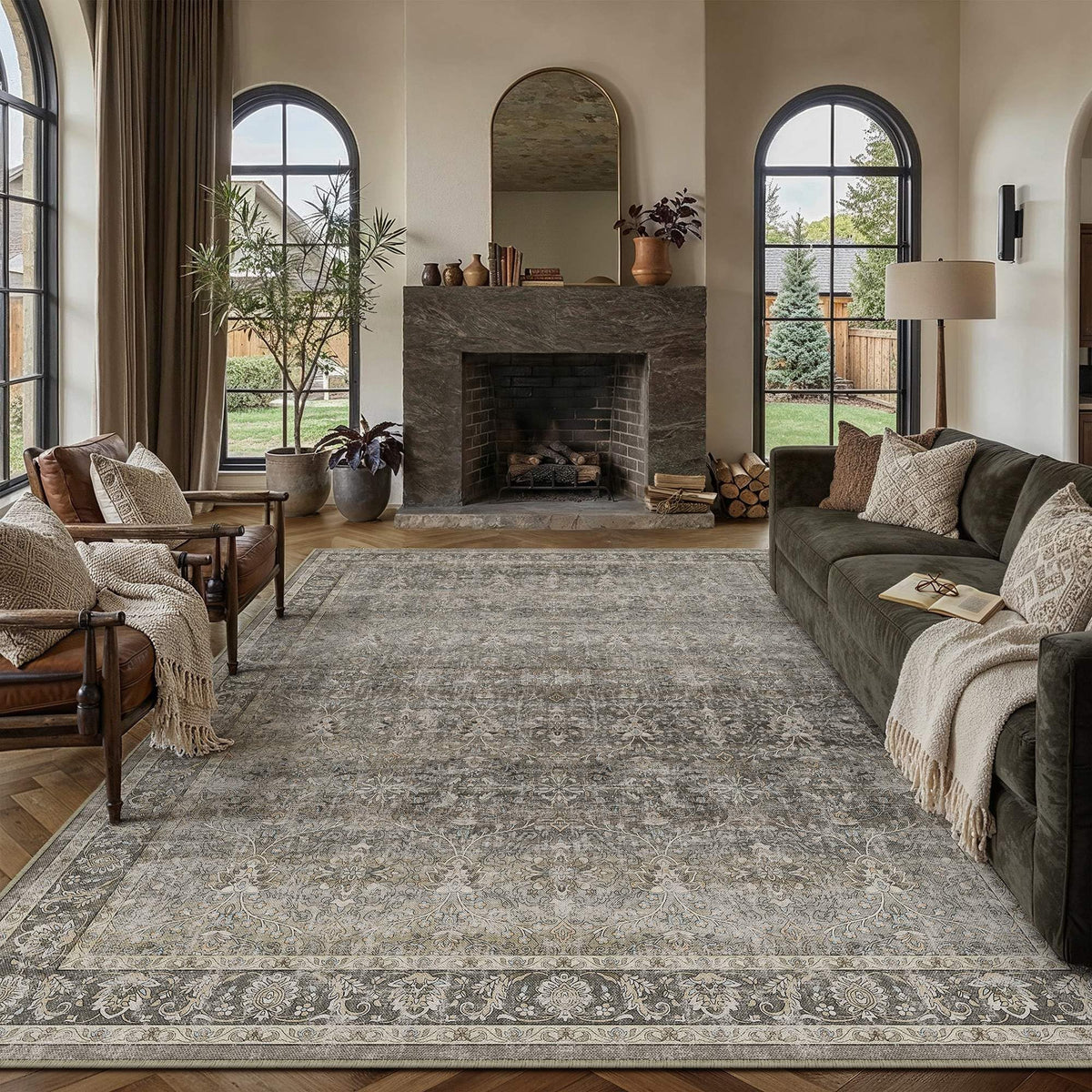 Moss Green 9x12 Washable Area Rugs for Living Room (Q| Moss Green / 9' x 12' (Rectangular))