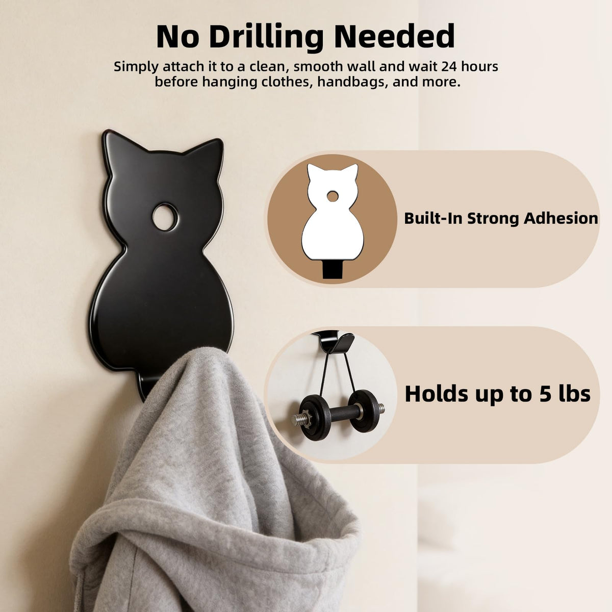 Stainless Adhesive Shower Hooks for Bathroom (Black - Cat)