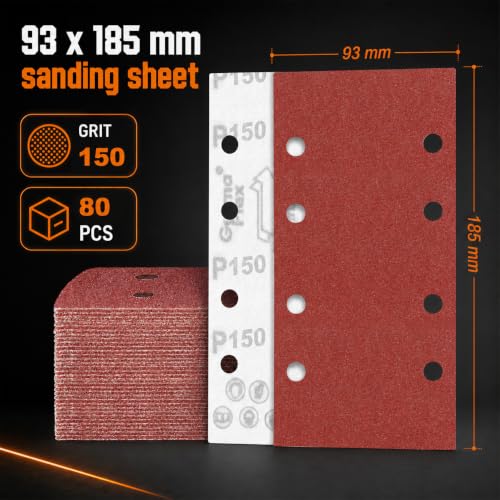 80 PCS 1 3 Sandpaper Sheets 150 Grit 8 Hole (GRIT 150 / 3.6 x 7.3 INCH)
