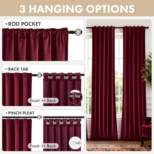 Christmas Burgundy Velvet Curtains 4 Panels Set Back Tab 40"x90" (Burgundy / 40"W x 90"L (Pack of 4))