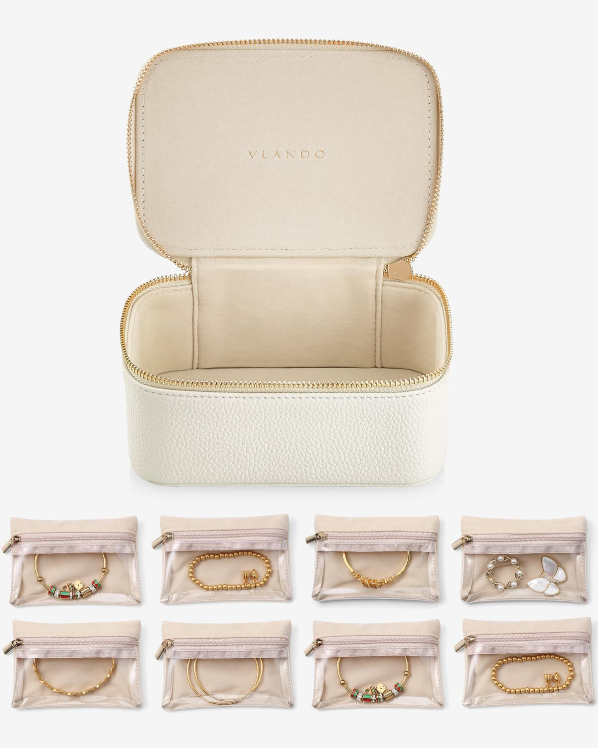 Travel Jewelry Organizer with 8 Clear Velvet Zipper Pouches (C.8 PCS White)