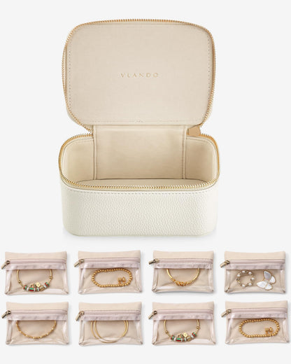 Travel Jewelry Organizer with 8 Clear Velvet Zipper Pouches (C.8 PCS White)