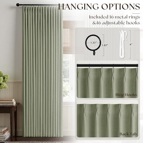 Sage Green Pinch Pleated 100% Blackout Linen Curtains 84 Inch 2 Panels Set (Sage Green / 50"W x 84"L (Pack of 2))