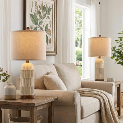 Table Lamp Set of 2 for Bedroom Living Room with USB A+C Charging Ports Modern Farmhouse Bedside End Lamps Rustic Nightstand Lamps