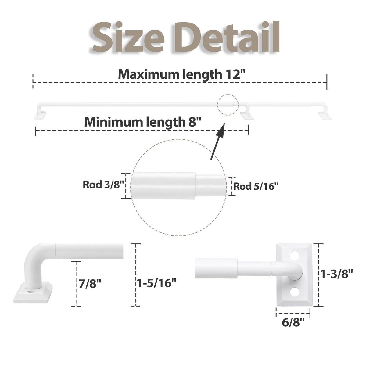 French Door Curtain Rod 2 Pack 8 to 12 Inch (White / 8-12"(2 Pack))