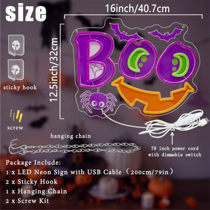 Halloween Neon Sign Dimmable Boo Spooky Smile Led Neon Signs for Wall Decor (Multicolor-BOO b)