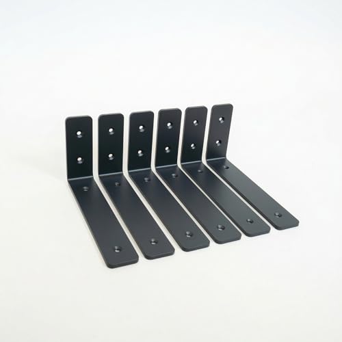 Kingsley 4 x 8 Inch Heavy Duty Shelf Brackets; Pack of 6; 5mm Solid Mild Steel L Bracket; Brackets for Shelves; Matte Black Wall Brackets for Shelves; 1.5" Wide; with Mounting Screws (4" x 8" Brackets)