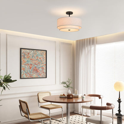 15.7" Ceiling Light Fixture Semi Flush Mount Ceiling Light with Dual Drum Design Classic Fabric Linen Shade Design for Living Room Bedroom Hallway Living Room Kitchen Dining Room Entrywa (Fabric+White+14.9inch+3Light)