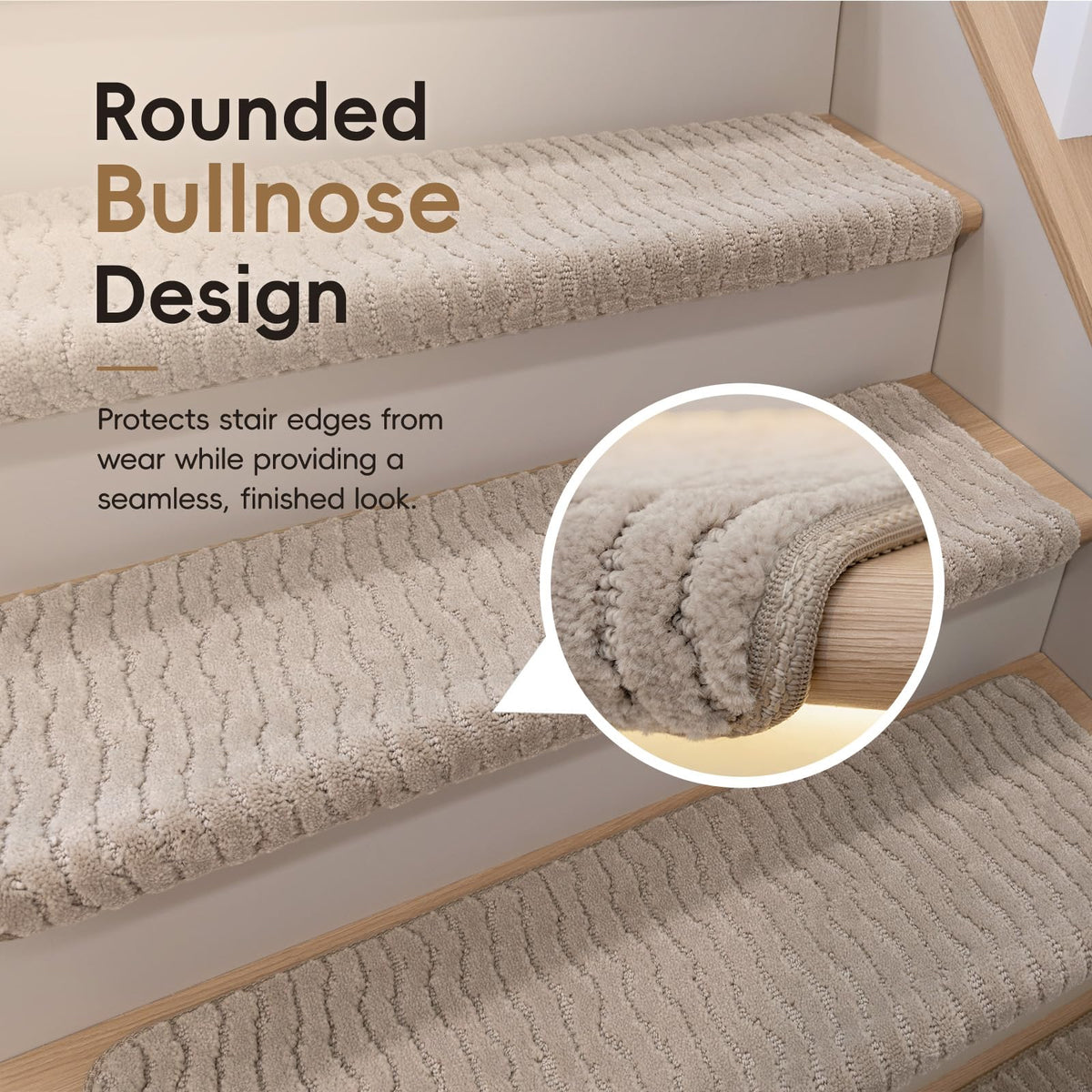 Rounded Bullnose Carpet Stair Treads (Linen Beige / 9.5" x 30" x 1.5")