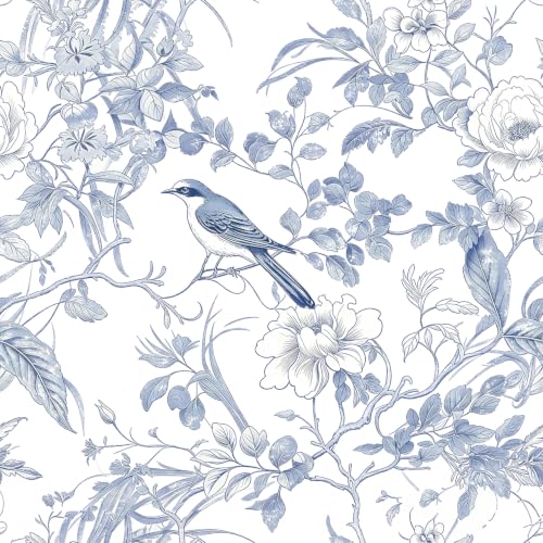Floral Peel and Stick Wallpaper Blue Floral Bird Contact Paper
