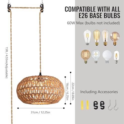 Hanging Lamp 12 inch Boho Plug in Pendant Light