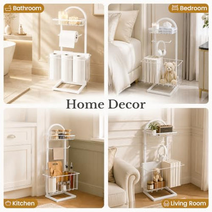 Toilet Paper Holder Stand Freestanding with Storage Basket for Bathroom (White)