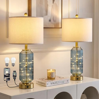Glass Table Lamps Set of 2 with Nightlight for Bedroom