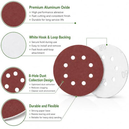 100 Pcs 5 Inch 8 Hole Sanding Discs (120 Grit)