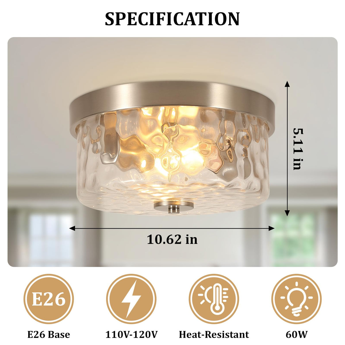 Brushed Nickel Flush Mount Ceiling Light (Brushed Nickel Water Ripple Glass)