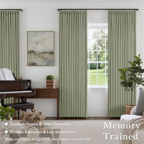 Sage Green Pinch Pleated 100% Blackout Linen Curtains 84 Inch 2 Panels Set (Sage Green / 50"W x 84"L (Pack of 2))