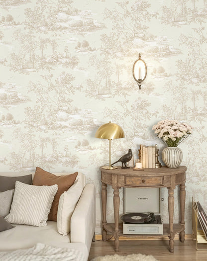 Peel and Stick Wallpaper Vintage Beige and Cream Neutral Wallpaper Toile Removable Self (Beige / 17.3" x 196.8")