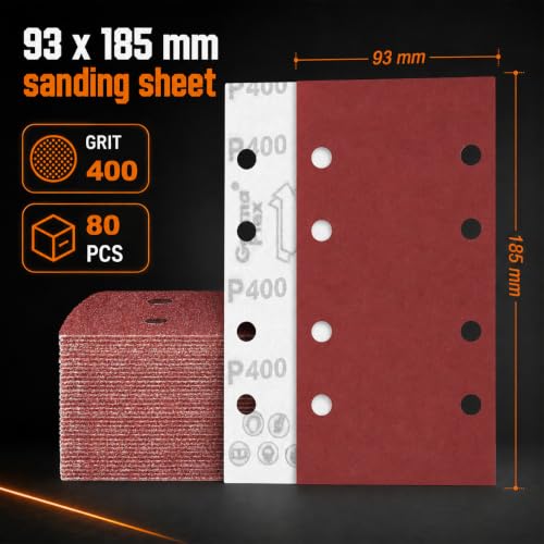 80 PCS 1 3 Sandpaper Sheets 400 Grit 8 Hole (GRIT 400 / 3.6 x 7.3 INCH)