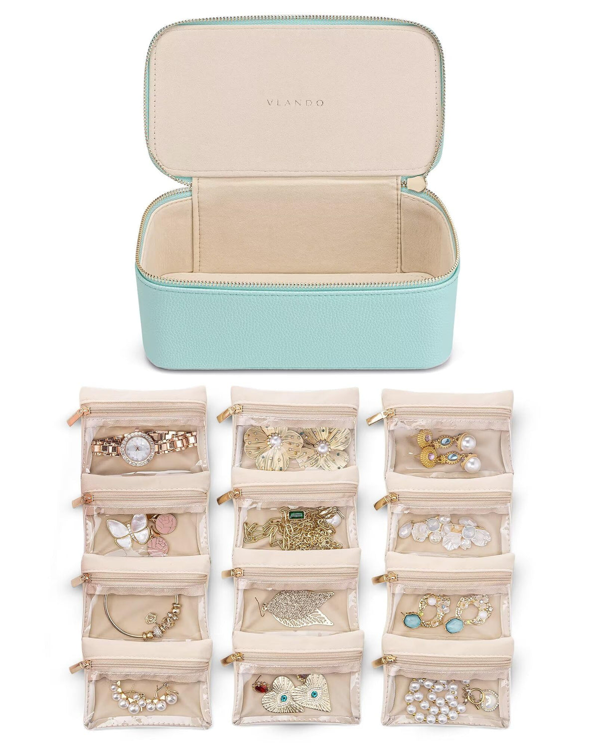 Travel Jewelry Box with 12 Clear Velvet Zipper Pouches (D.12 PCS Lake Blue)