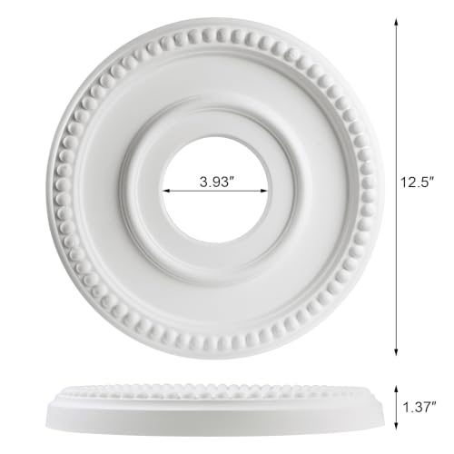 12-1/2" OD x 3-15/16" ID x 1-3/8"P Beaded Round Ceiling Medallion,Primed PU Foam Ceiling Trim for Chandeliers, Ceiling Fans and Pendant Lights,1pcs