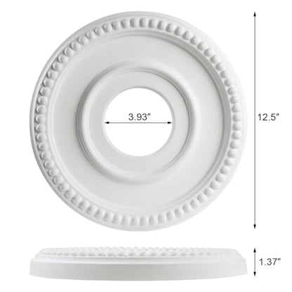 12-1/2" OD x 3-15/16" ID x 1-3/8"P Beaded Round Ceiling Medallion,Primed PU Foam Ceiling Trim for Chandeliers, Ceiling Fans and Pendant Lights,1pcs