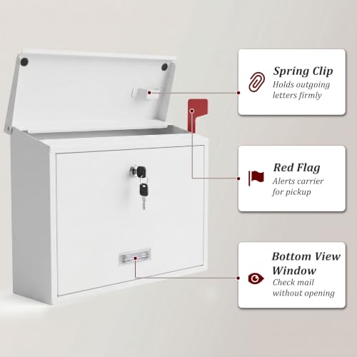 Locking Wall Mount Mailbox with Outgoing Mail Flag & Spring Clip (White)