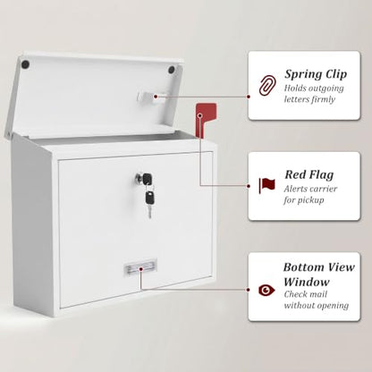 Locking Wall Mount Mailbox with Outgoing Mail Flag & Spring Clip (White)